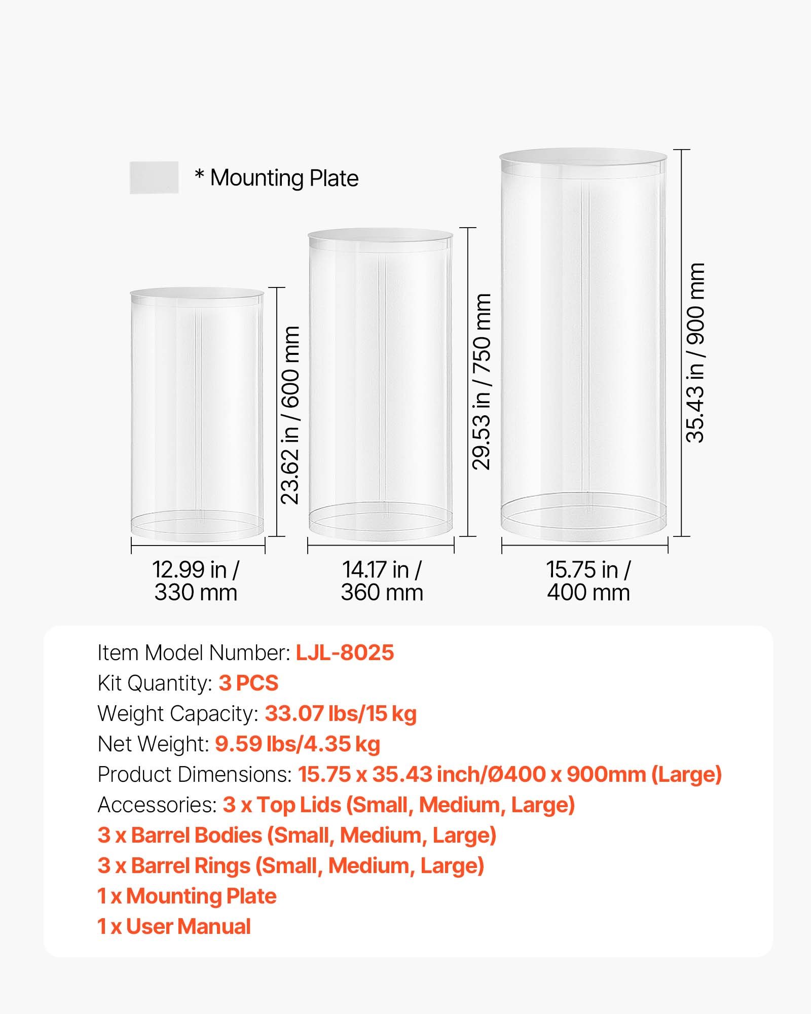 Stojak na kwiaty ślubne VEVOR, 3-częściowy, podstawa cylindryczna (wysokość 600/700/900 mm), przezroczysta podstawa z pokrywką akrylową, stojaki cylindryczne na wesela, imprezy, urodziny i jako dekoracja