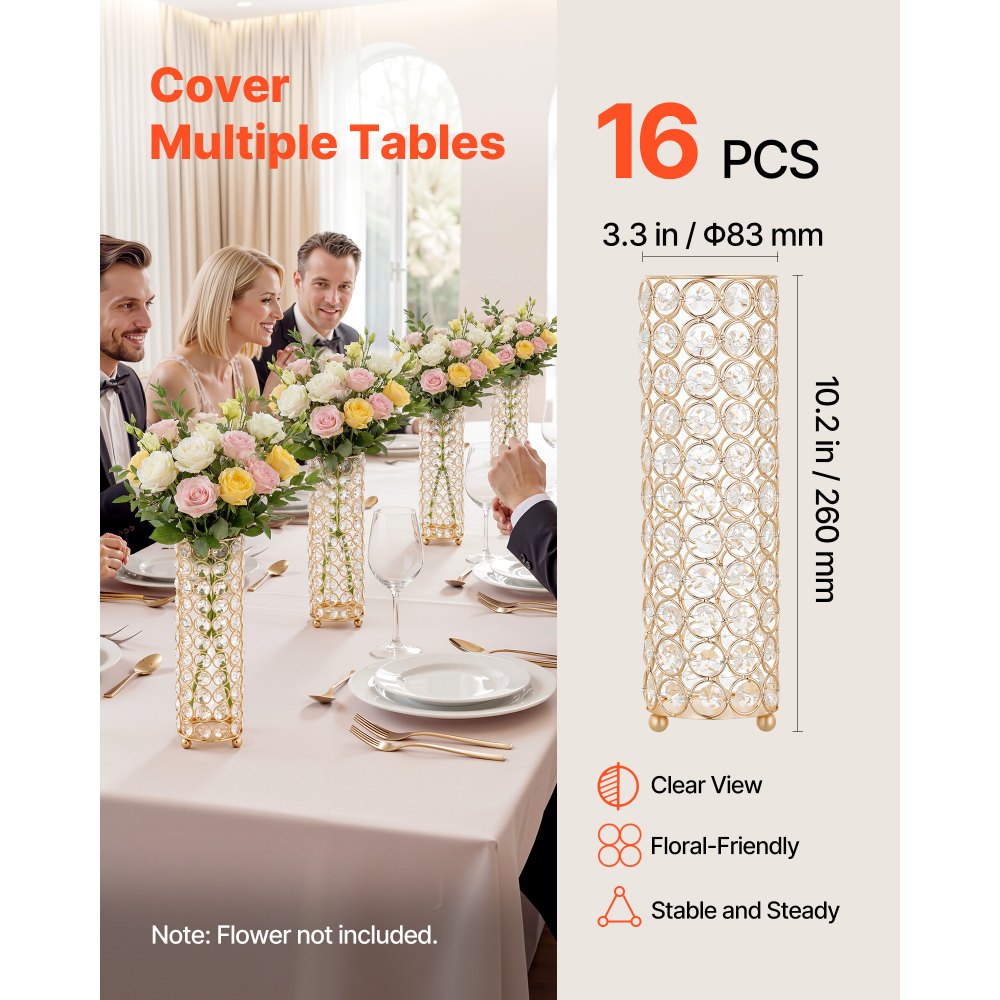 VEVOR 16 PCS Crystal Wedding Flower Vase, 26 cm Tall Flower Table Centerpieces, Crystal Cylinder Banquet Vases Easy Installation, Versatile Arrangement Stand for Party Events Room Home Decor, Gold