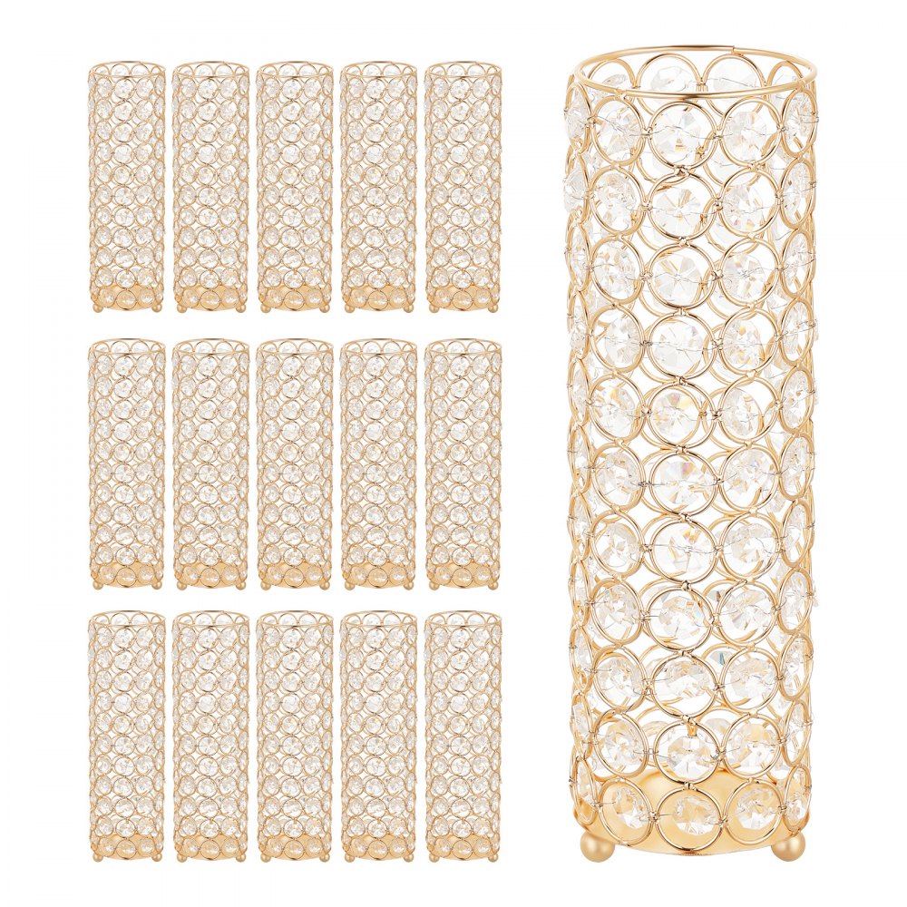 VEVOR 16 PCS Crystal Wedding Flower Vase, 26 cm Tall Flower Table Centerpieces, Crystal Cylinder Banquet Vases Easy Installation, Versatile Arrangement Stand for Party Events Room Home Decor, Gold