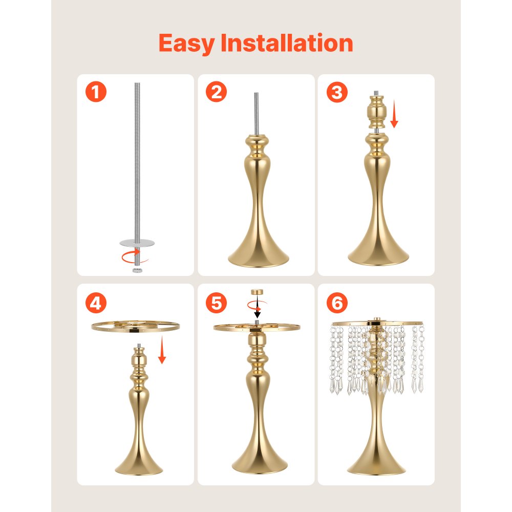 VEVOR 20 PCS Wedding Flower Vase, 33.5 cm Tall Flower Table Centerpieces, Crystal Banquet Vases Easy Installation, Electroplated Finish, Versatile Arrangement Stand for Party Events Home Decor, Gold