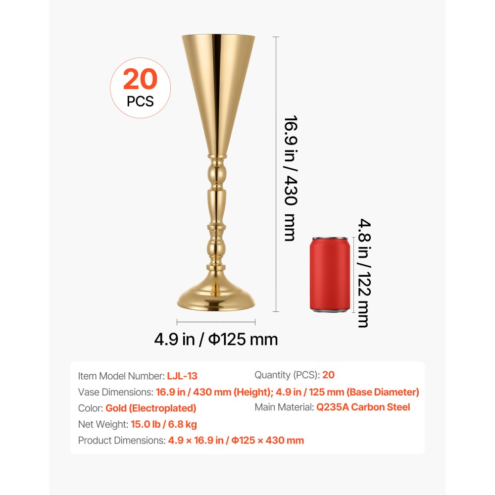 VEVOR 20 szt. Wazonów ślubnych, Wazonów na Kwiaty Centralne na Śluby, Wysokość 43 cm, Metalowe Wazony Centralne ze Stojakami na Kwiaty, Wazon Trąbkowy Dekoracja Stołu na Śluby, Przyjęcia, Rocznice, Ceremonie, Złoto