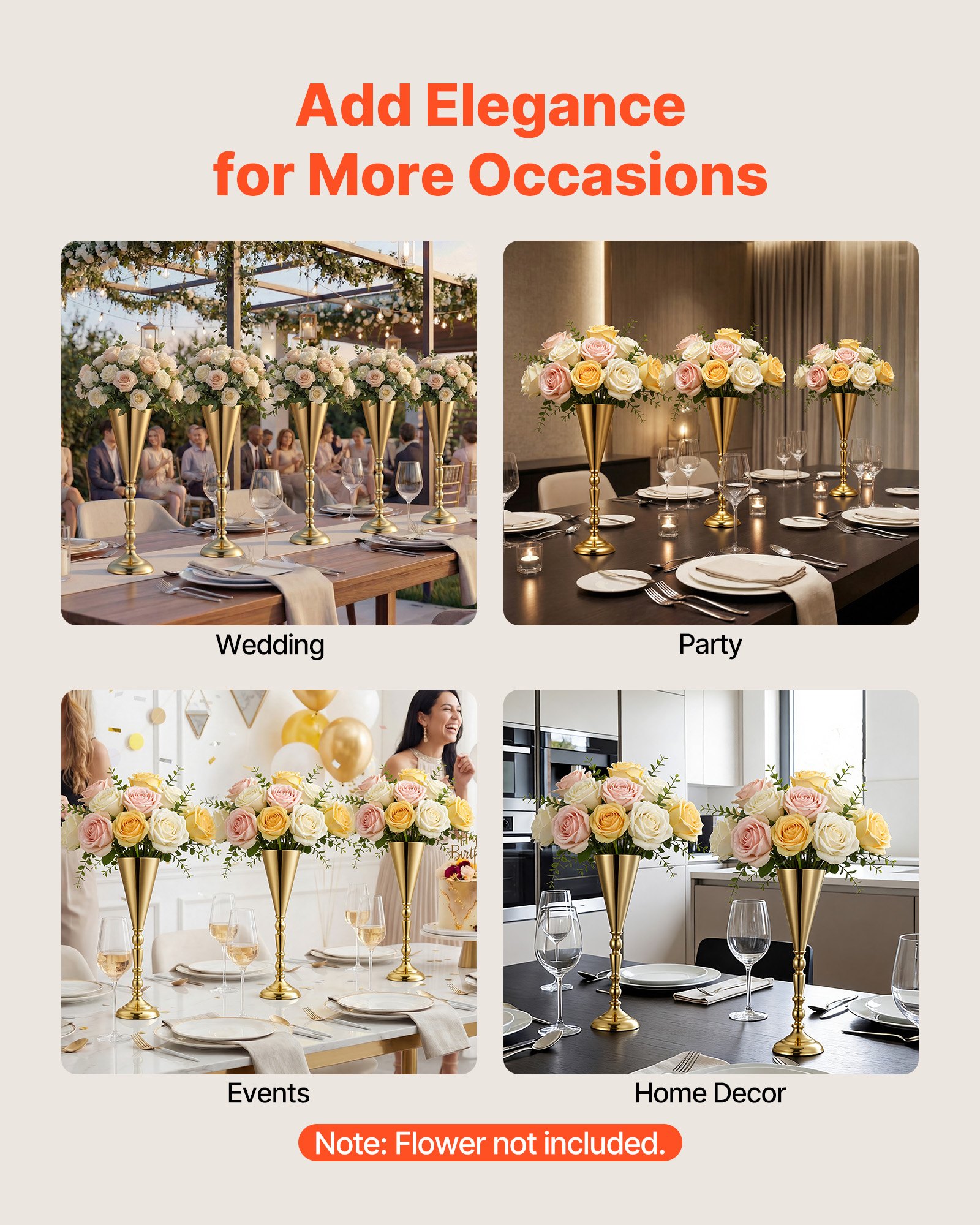 VEVOR 20 PCS Wedding Flower Vase, 43 cm Tall Trumpet Flower Table Centerpieces, Banquet Vases Easy Installation, Electroplated Versatile Arrangement Stand for Party Events Home Decor Reception, Gold