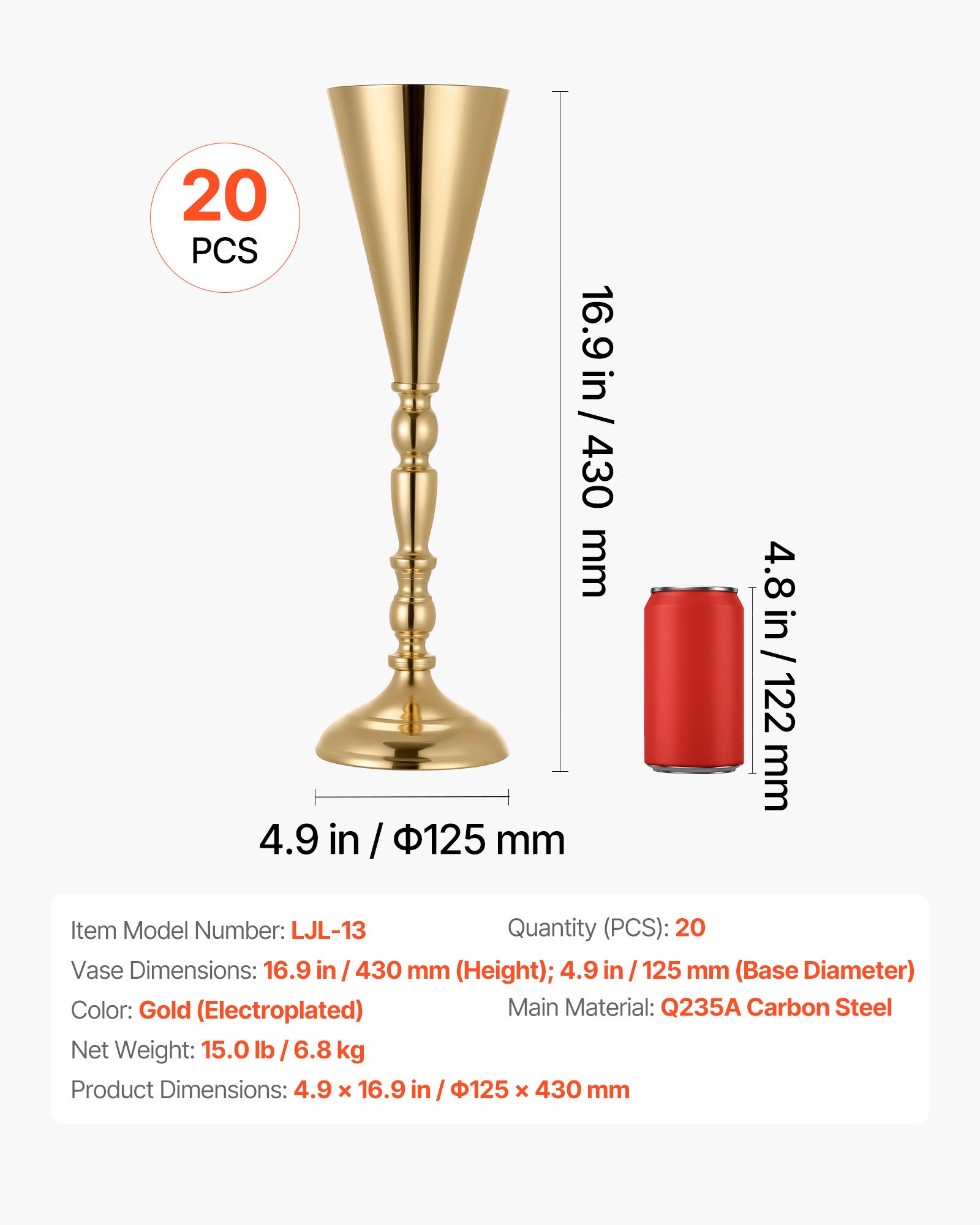 VEVOR 20 szt. Wazonów ślubnych, Wazonów na Kwiaty Centralne na Śluby, Wysokość 43 cm, Metalowe Wazony Centralne ze Stojakami na Kwiaty, Wazon Trąbkowy Dekoracja Stołu na Śluby, Przyjęcia, Rocznice, Ceremonie, Złoto
