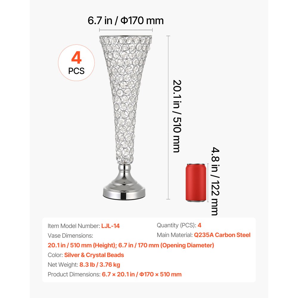 VEVOR 4 szt. Wazony ślubne, wazony na kwiaty na środek stołu, wysokość 51 cm, metalowe wazony na środek stołu z kryształowymi podstawkami na kwiaty, wazon w kształcie trąbki na wesela, imprezy, rocznice, ceremonie, srebrny