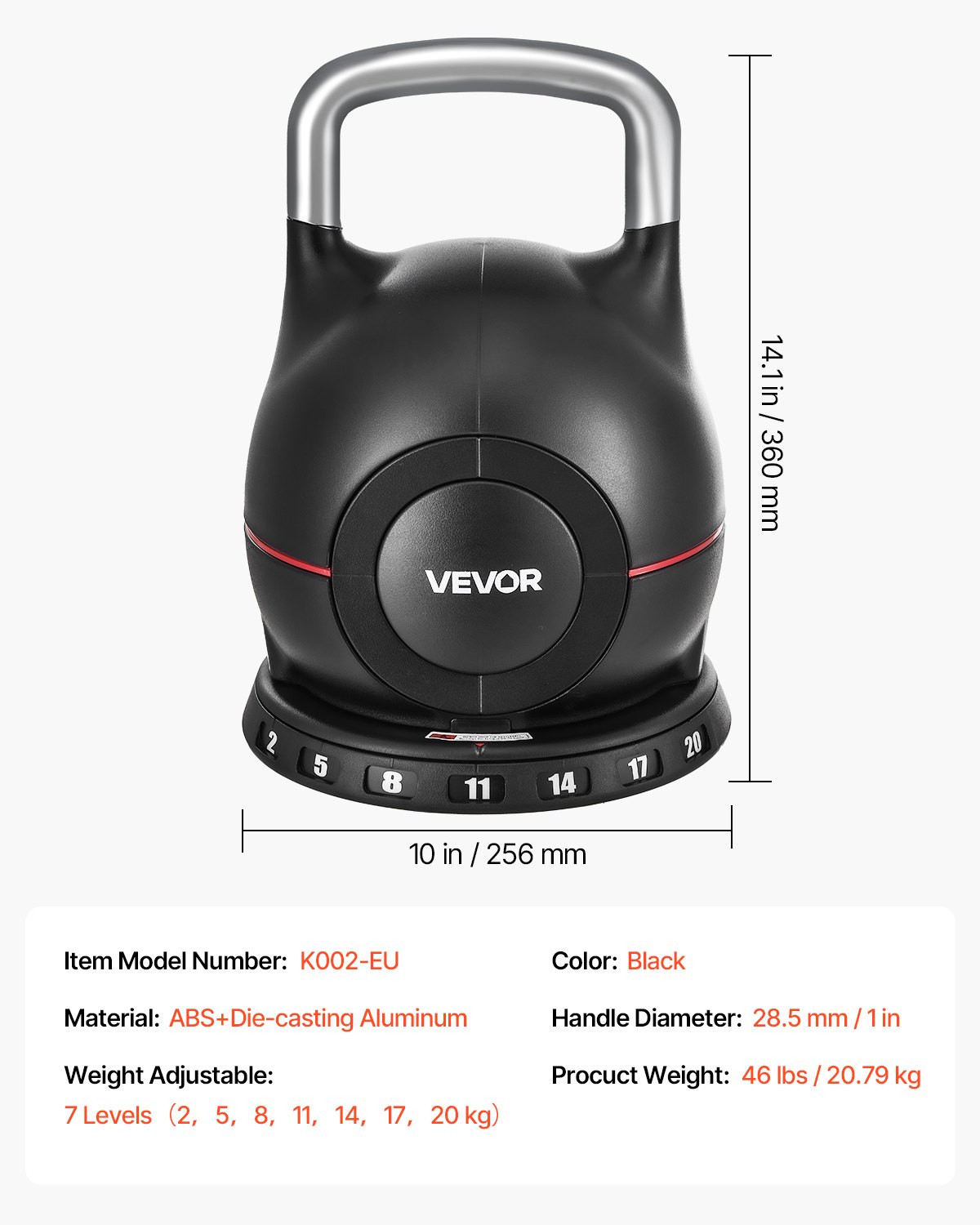 VEVOR Regulowany Kettlebell z 7 poziomami obciążenia (2/5/8/11/14/17/20 kg), ABS + odlew aluminiowy, do treningu siły chwytu, treningu całego ciała, treningu krzyżowego, czarny