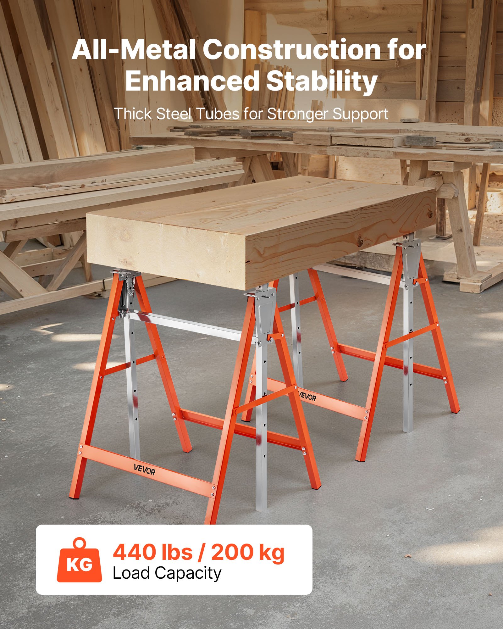 VEVOR Saw Horses, 2 Pack Folding Work Horses, 199.6 kg Load Capacity Sawhorse with Heavy Duty Legs, Adjustable Height Saw Horse with Non-Slip Foot Pads, for Woodworking, Carpenters and Contractors