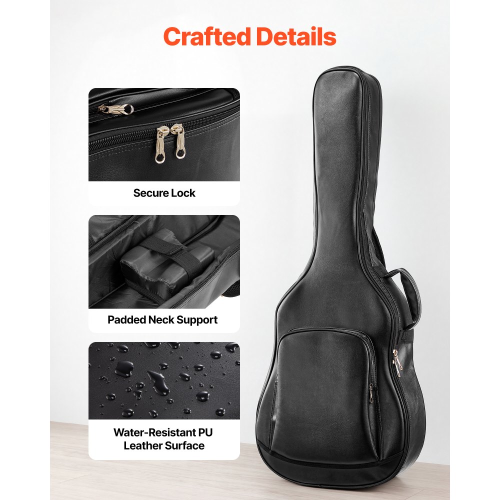 Torba gitarowa VEVOR na gitary akustyczne 41 cali z uchwytem do przenoszenia, czarna, plecak na gitarę z piankową wyściółką, zewnętrzną przegrodą na akcesoria i paskami na ramię, 1195 mm, wykonana ze skóry PU