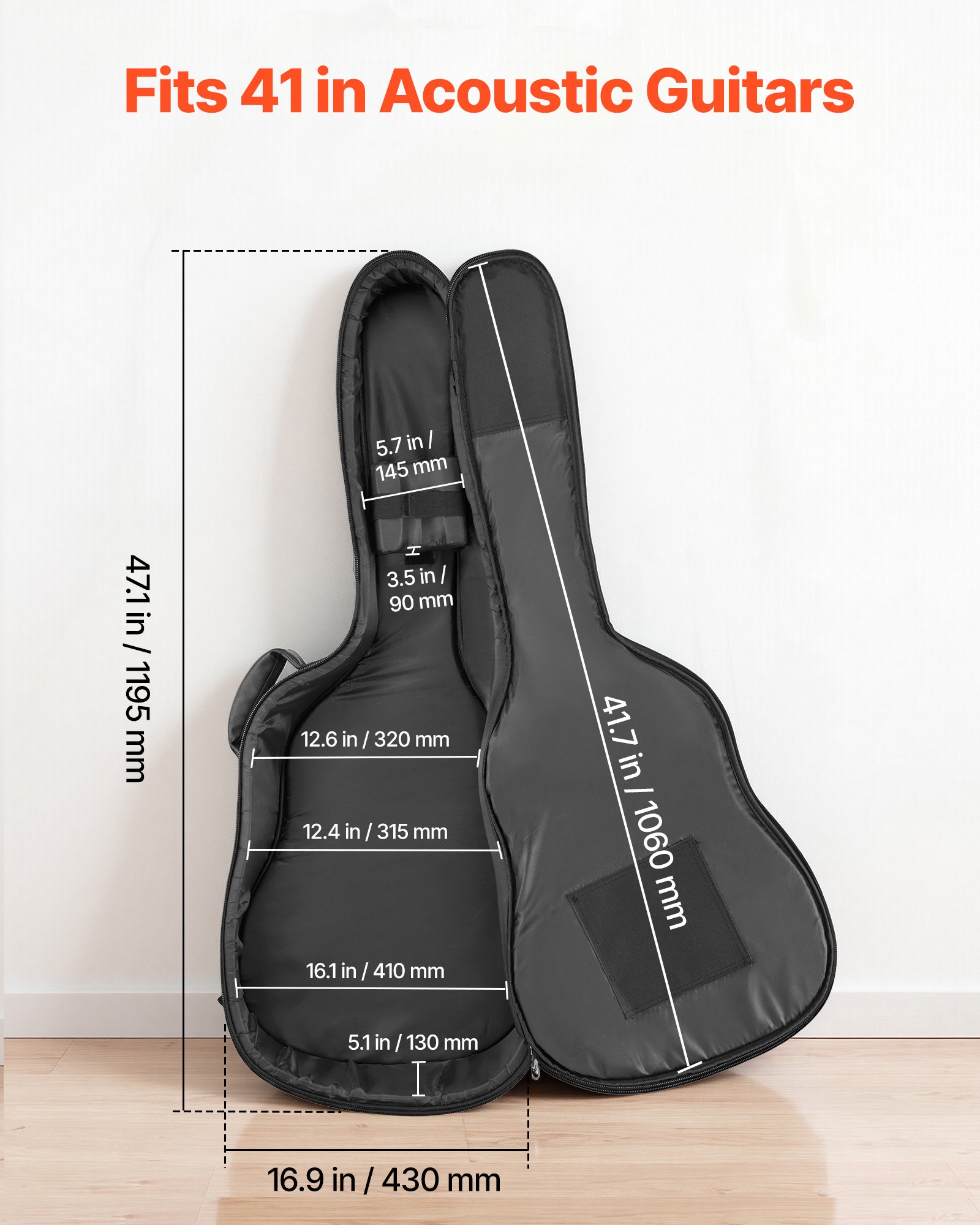 Torba gitarowa VEVOR na gitary akustyczne 41 cali z uchwytem do przenoszenia, czarna, plecak na gitarę z piankową wyściółką, zewnętrzną przegrodą na akcesoria i paskami na ramię, 1195 mm, wykonana ze skóry PU