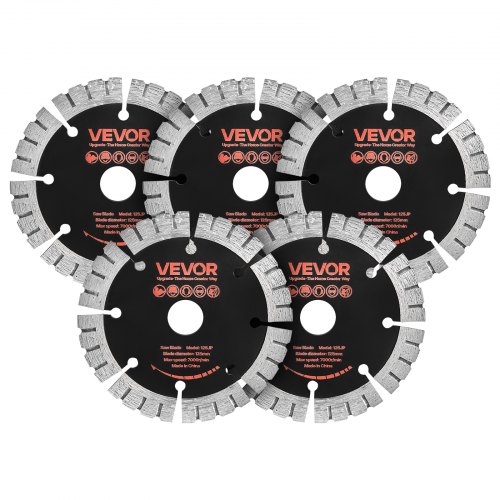 VEVOR 5 szt. tarcz diamentowych do cięcia 125 mm, diamentowe tarcze tnące z otworem 20 mm i wysokością segmentu 14,5 mm, maks. 7500 obr./min, tarcze diamentowe do cięcia na sucho/mokro, tarcza tnąca do betonu, muru, kamienia