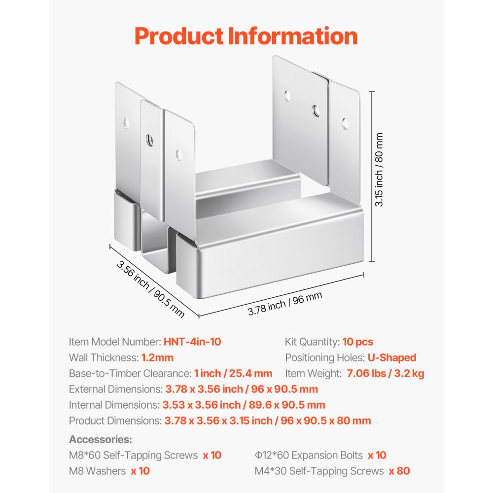 Kotwy do słupków VEVOR, 10 sztuk, wymiary wewnętrzne 89,6 x 90,5 mm do słupków 88,9 x 88,9 mm, kotwy do słupków betonowych, podstawy słupków ze stali węglowej z rozstawem 25,4 mm, do pergoli i tarasów betonowych