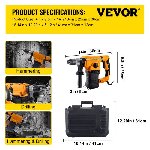 VEVOR elektryczna wiertarka udarowa kombinowana wiertarka 1500W młot wyburzeniowy 6.3kg