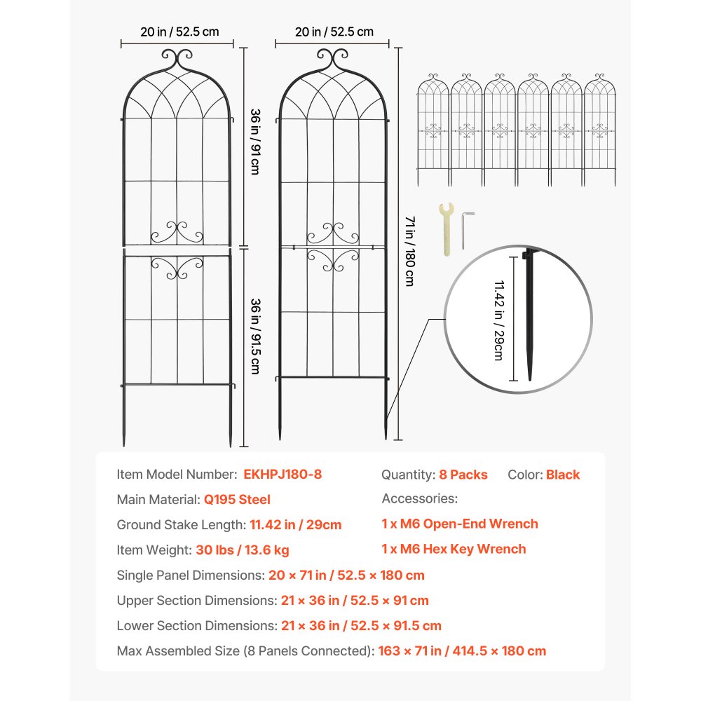 Kratka VEVOR, 180 x 52,5 cm, 8 szt., metalowa podpora do wspinaczki z malowaną proszkowo powierzchnią i mechanizmem blokującym, podpora do wspinaczki, kratka ogrodowa, podpora do kwiatów, warzyw i róż
