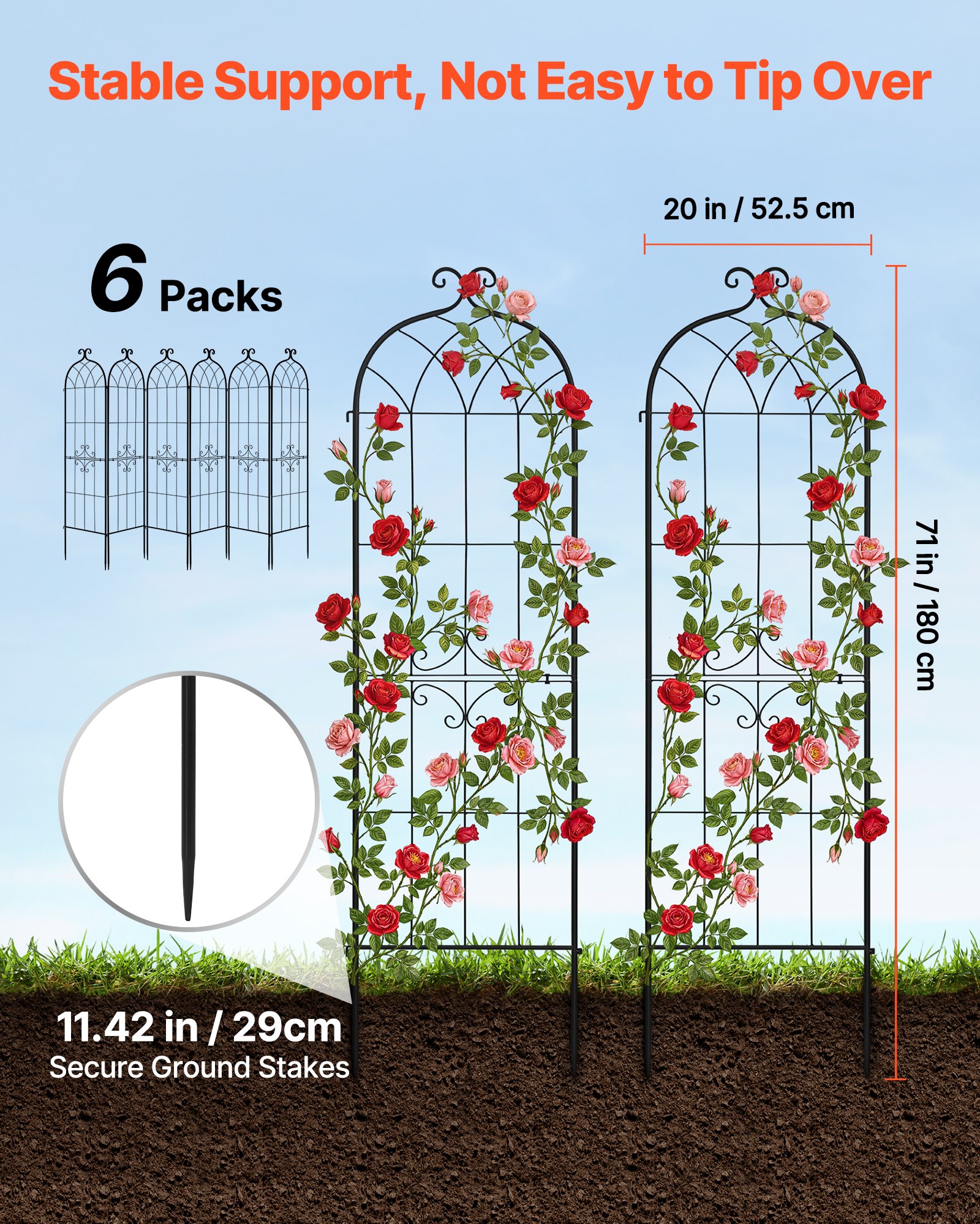VEVOR Garden Trellis, 180 x 52.5 cm Rose Trellis, 6 Packs Garden Flower Rose Trellises with Powder-Coated Finish & Convenient Locking Design, Plant Support Trellises for Flowers, Vegetables, Roses