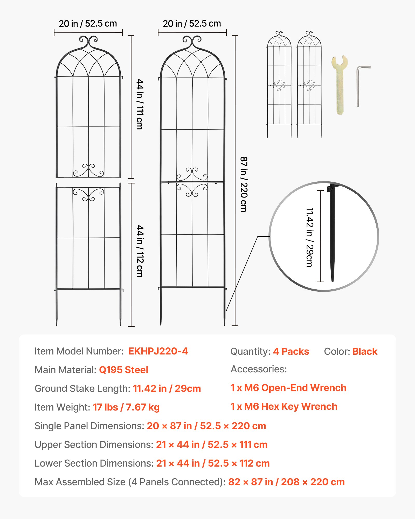 VEVOR Garden Trellis, 220 x 52.5 cm Rose Trellis, 4 Packs Garden Flower Rose Trellises with Powder-Coated Finish & Convenient Locking Design, Plant Support Trellises for Flowers, Vegetables, Roses