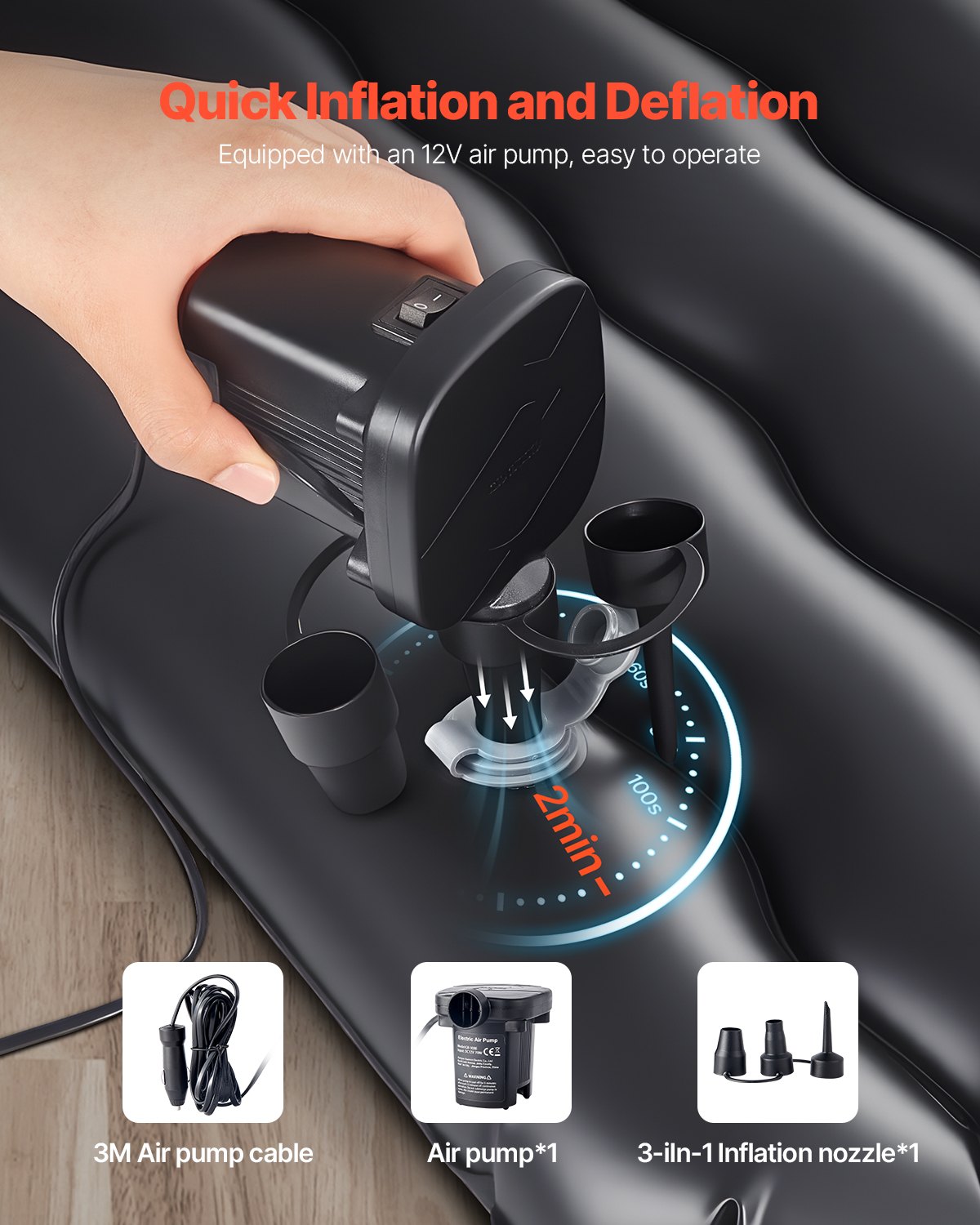 VEVOR Materac dmuchany do samochodu, nadmuchiwany materac kempingowy (na tylne siedzenie), materac podróżny, przenośna mata do spania z pompką powietrza, 2 poduszkami, dyszą i torbą transportową do większości SUV-ów, MPV, sedanów, czarny