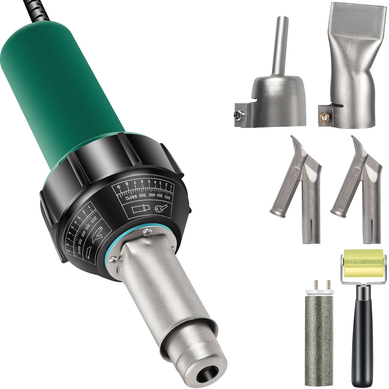 VEVOR Pistolet spawalniczy na gorące powietrze do tworzyw sztucznych 1600 W Pistolet spawalniczy PVC 4 dysze zamienne Pistolet spawalniczy na gorące powietrze do tworzyw sztucznych 40-60°C Kabel 3 m do spawania płyt z tworzyw sztucznych PE, PP i PVC