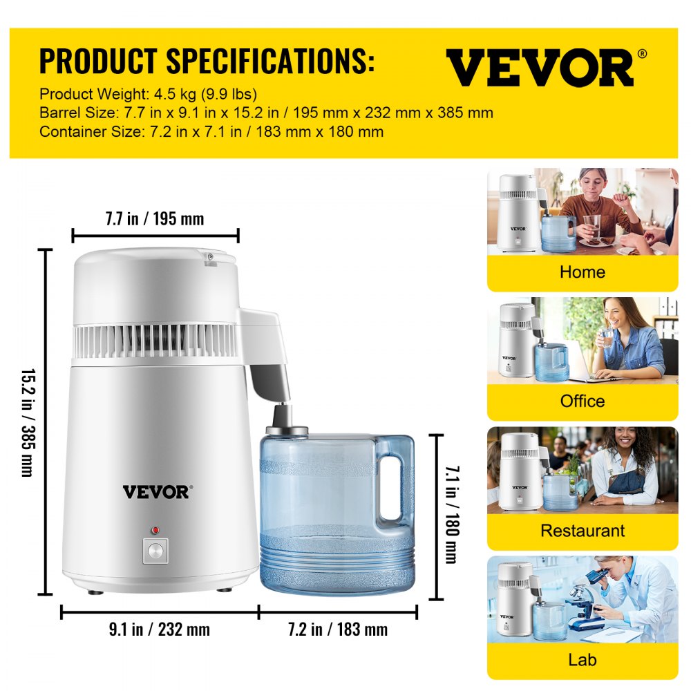 VEVOR Pure Water Distiller 4L Wewnętrzna Destylacja Wody ze Stali Nierdzewnej 750W Filtr do Oczyszczania Maszyna do Destylacji Wody z Butelką Zbierającą do Domu Biurowego z Butelką na Wodę z Nakrętką