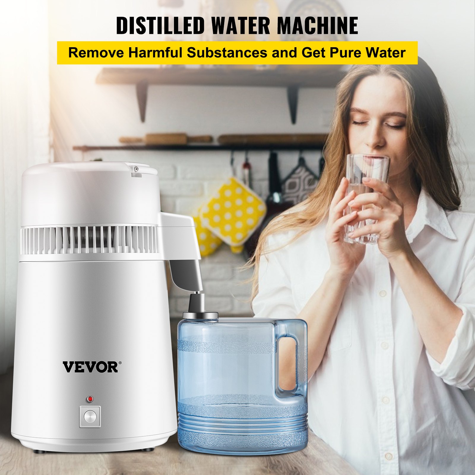 VEVOR Pure Water Distiller 4L Wewnętrzna Destylacja Wody ze Stali Nierdzewnej 750W Filtr do Oczyszczania Maszyna do Destylacji Wody z Butelką Zbierającą do Domu Biurowego z Butelką na Wodę z Nakrętką