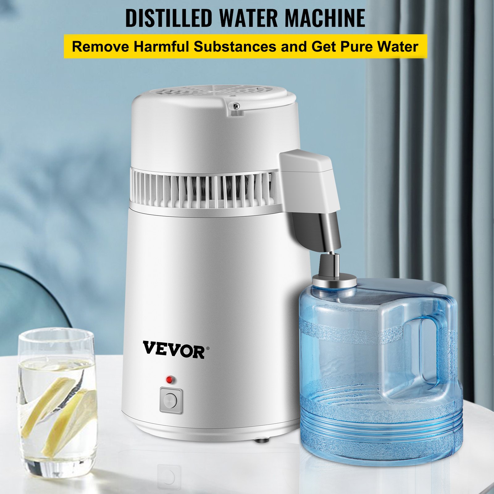 VEVOR Pure Water Distiller 4L Wewnętrzna Destylacja Wody ze Stali Nierdzewnej 750W Filtr do Oczyszczania Maszyna do Destylacji Wody z Butelką Zbierającą do Domu Biurowego z Butelką na Wodę z Nakrętką