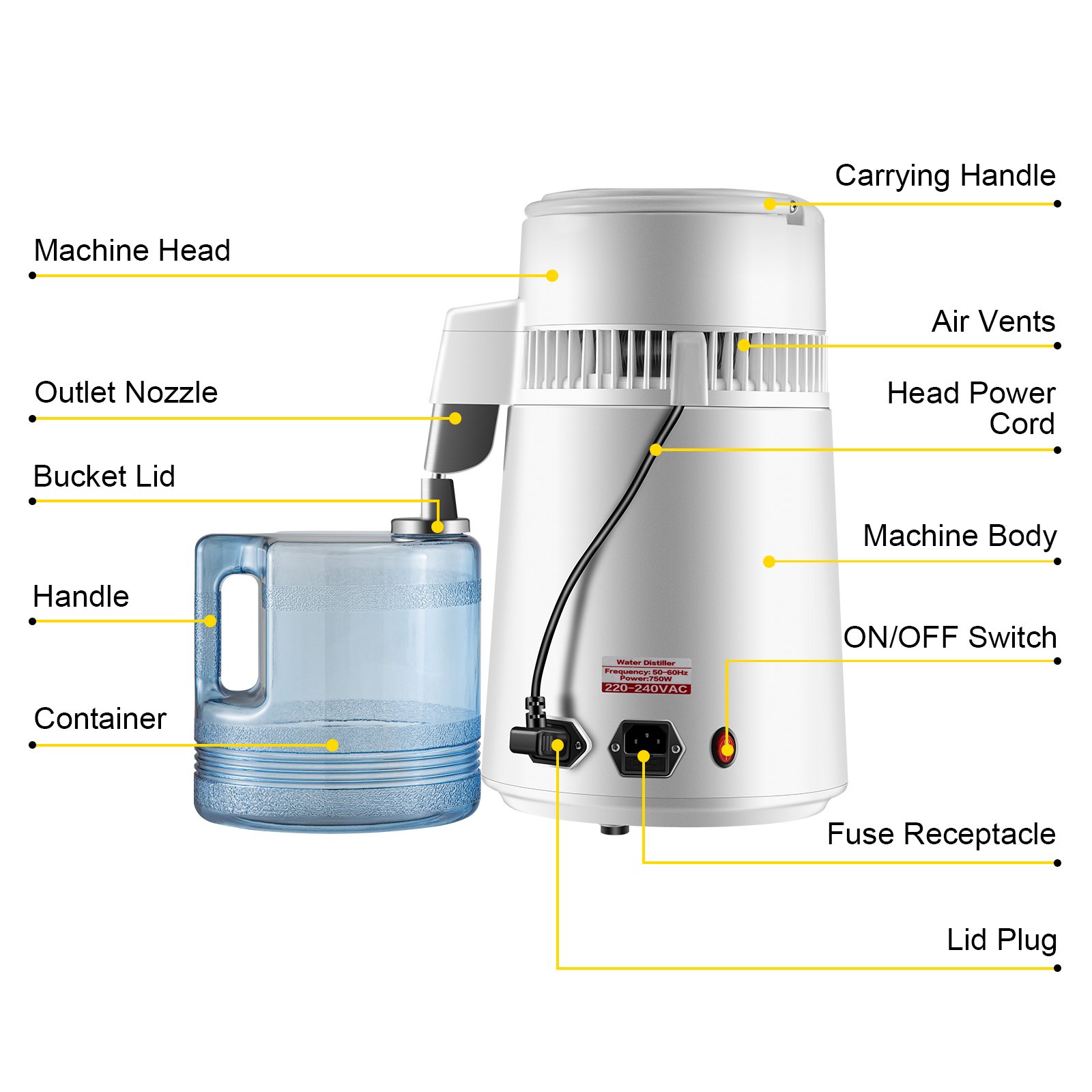 VEVOR Pure Water Distiller 4L Wewnętrzna Destylacja Wody ze Stali Nierdzewnej 750W Filtr do Oczyszczania Maszyna do Destylacji Wody z Butelką Zbierającą do Domu Biurowego z Butelką na Wodę z Nakrętką