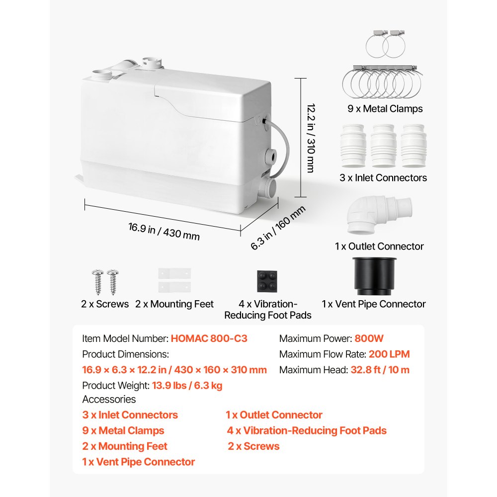 Stacja podnosząca VEVOR 800 W, wydajność 12000 l/h, wysokość podnoszenia 10 m, pompa ściekowa z 3 wlotami do odprowadzania ścieków w piwnicy, kuchni, zlewie, prysznicu, wannie i pralni