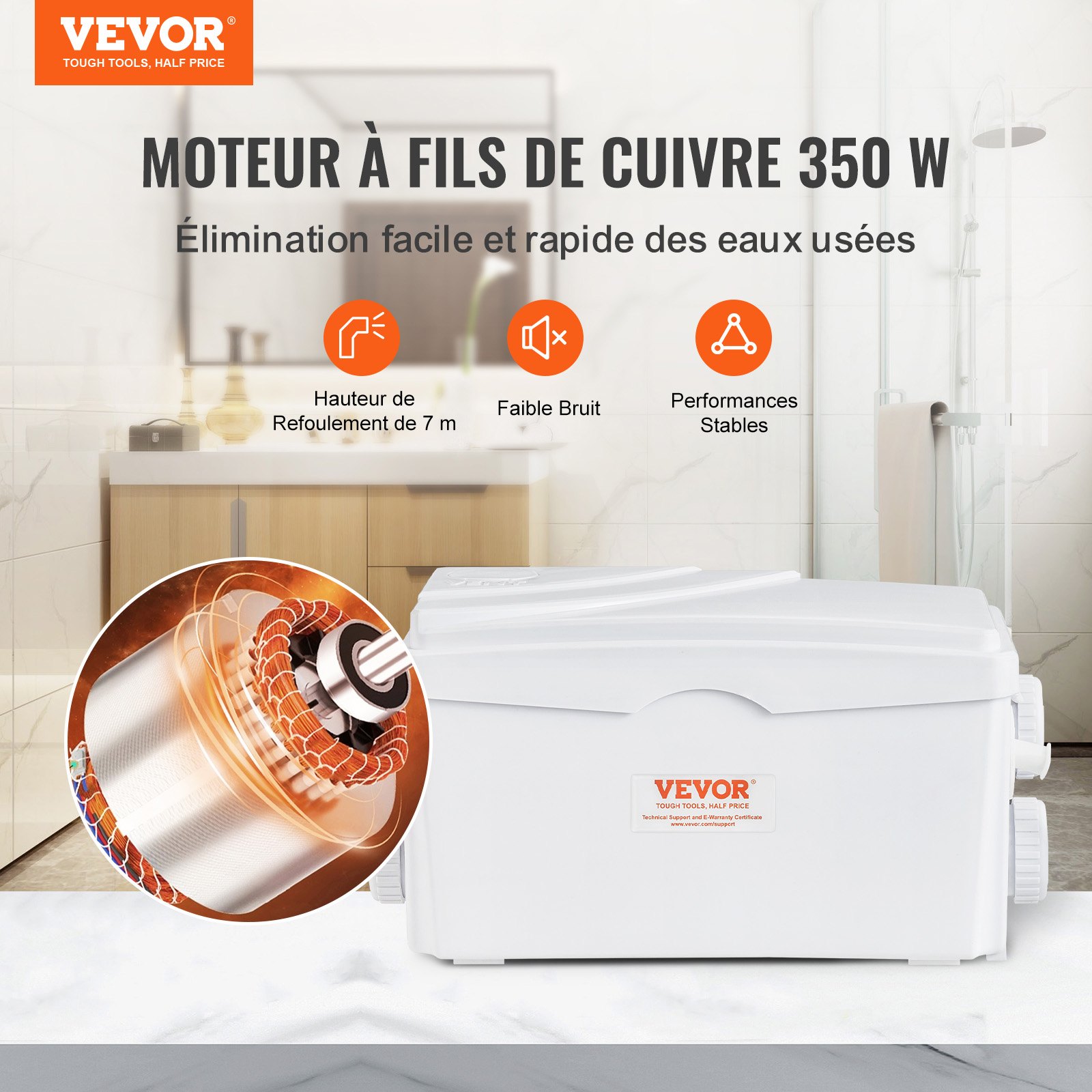 VEVOR lifting station, 350 W, 6000 l/h flow rate, 7 m delivery head, wastewater pump with 3 water inlets for basement, kitchen, sink, shower, bathtub, laundry wastewater disposal, dishwasher