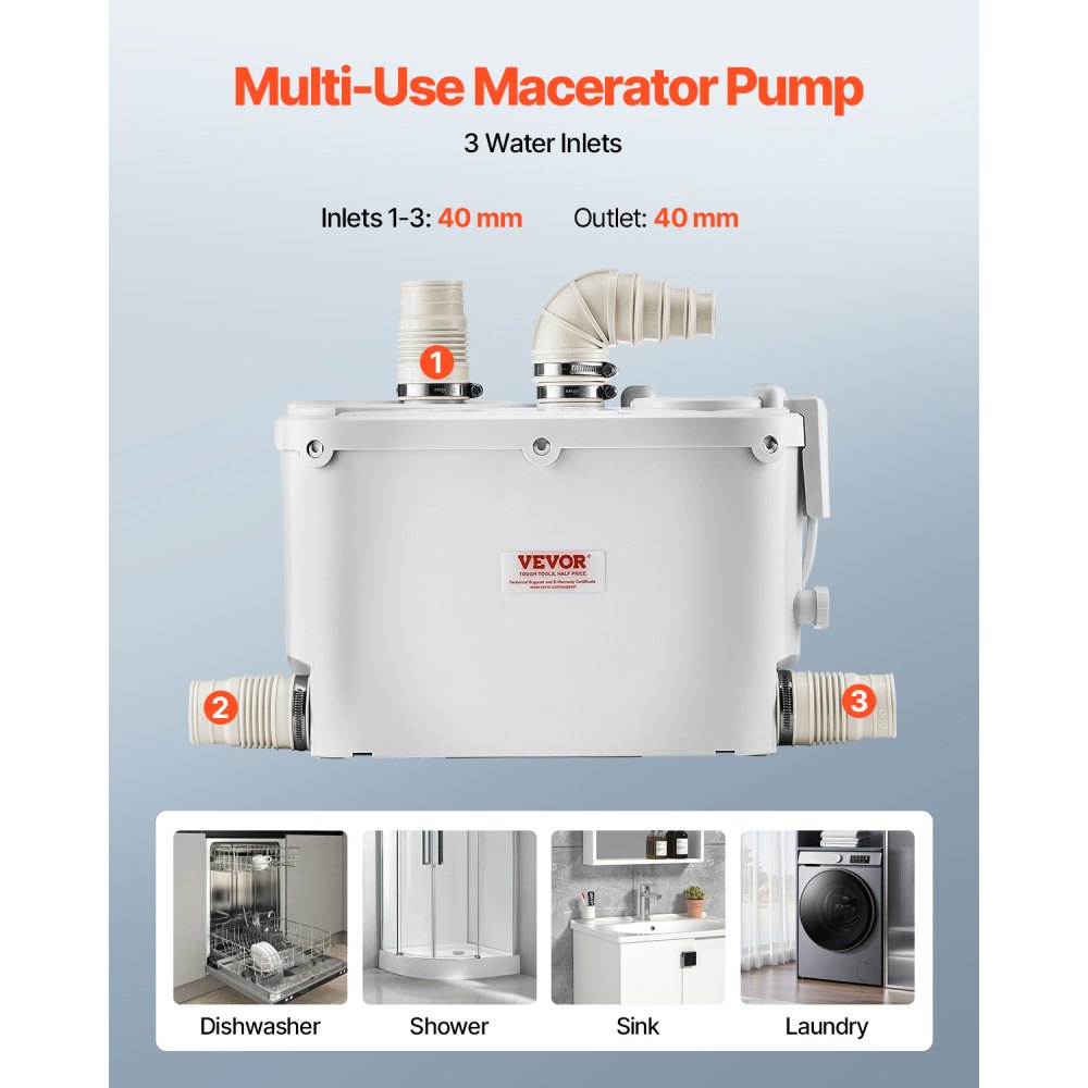 Pompa ściekowa VEVOR, 500 W, przepływ 110 l/min, wysokość podnoszenia 8 m, pompa do brudnej wody z 4 wlotami wody, stacja pompowania ścieków do kuchni, piwnicy, prysznica, zlewu, pralni, wanny