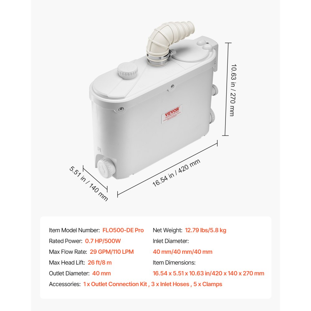 VEVOR Pompa ściekowa, 500 W, przepływ 110 l/min, wysokość podnoszenia 8 m, pompa do brudnej wody z 4 wlotami wody, stacja pompowania ścieków do kuchni, piwnicy, prysznica, zlewu, pralni, wanny