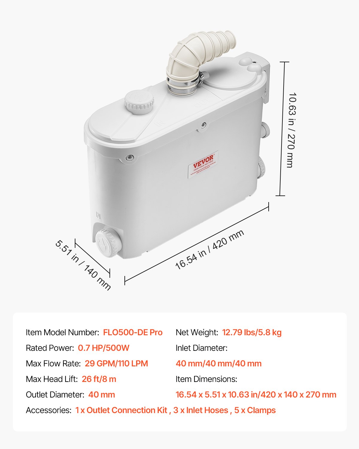 VEVOR Pompa ściekowa, 500 W, przepływ 110 l/min, wysokość podnoszenia 8 m, pompa do brudnej wody z 4 wlotami wody, stacja pompowania ścieków do kuchni, piwnicy, prysznica, zlewu, pralni, wanny