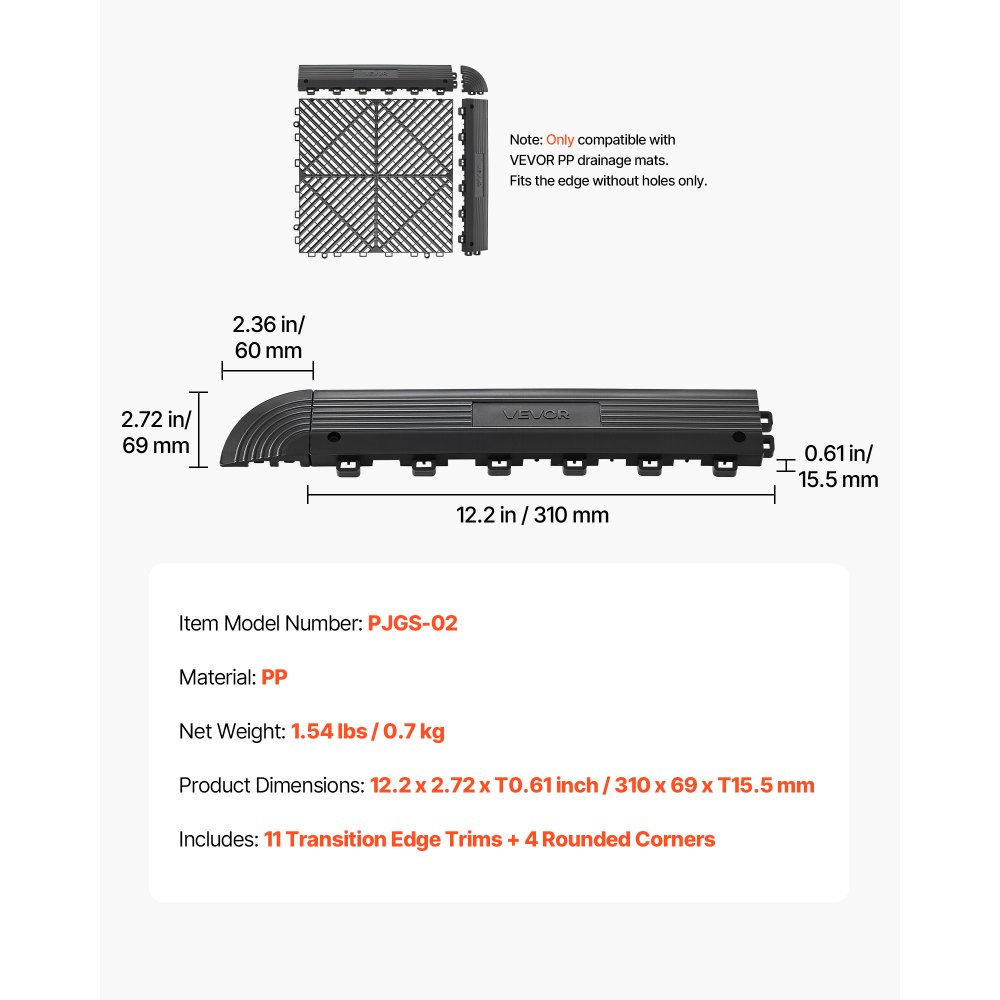 VEVOR 11 szt. Sekcja rampy do wykładziny podłogowej w garażu, rampa wjazdowa 31 x 6,9 cm do płytek typu click, rampa PP z 4 narożnikami do podłóg w garażu, warsztacie, płytek typu click, tylko do mat drenażowych VEVOR