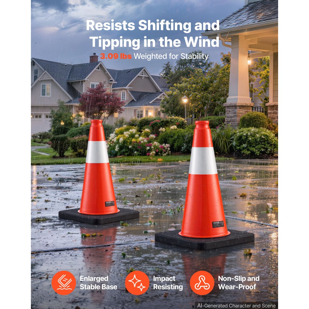 VEVOR Traffic Safety Cones 8 Pack 455 mm Flexible PVC Orange Traffic Cones, For Parking Lots and Home Use, with Weighted Black Base, Reflective Collar Visible at Night, Heavy Duty Design, Easy Storage