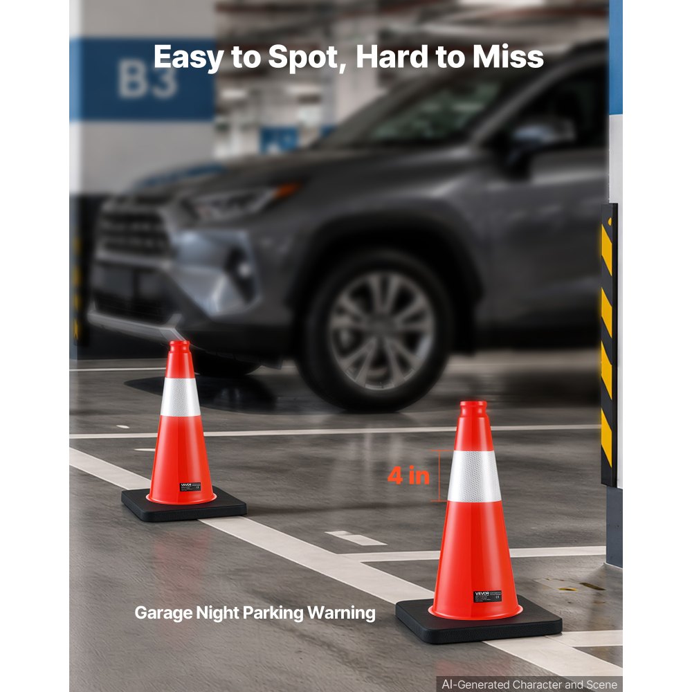 VEVOR Traffic Safety Cones 8 Pack 455 mm Flexible PVC Orange Traffic Cones, For Parking Lots and Home Use, with Weighted Black Base, Reflective Collar Visible at Night, Heavy Duty Design, Easy Storage