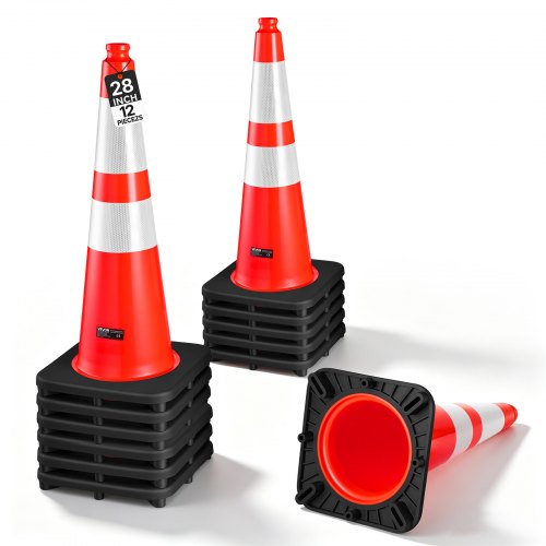 Pachołki ostrzegawcze VEVOR, opakowanie 12 szt., 715 mm, Pachołki drogowe, Pylony, PVC, do parkingów, obszarów odgrodzonych lub ostrzegawczych, pachołki do kontroli ruchu z odblaskowymi paskami o wysokiej widoczności, oszczędzające miejsce i układające się w stosy