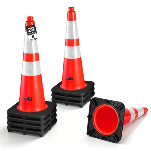 Pachołki ostrzegawcze VEVOR, 8 szt., 715 mm, Pachołki drogowe, Pylony, PVC, do parkingów, obszarów odgrodzonych lub ostrzegawczych, pachołki do kontroli ruchu z odblaskowymi paskami o wysokiej widoczności, oszczędzające miejsce i układające się w stosy