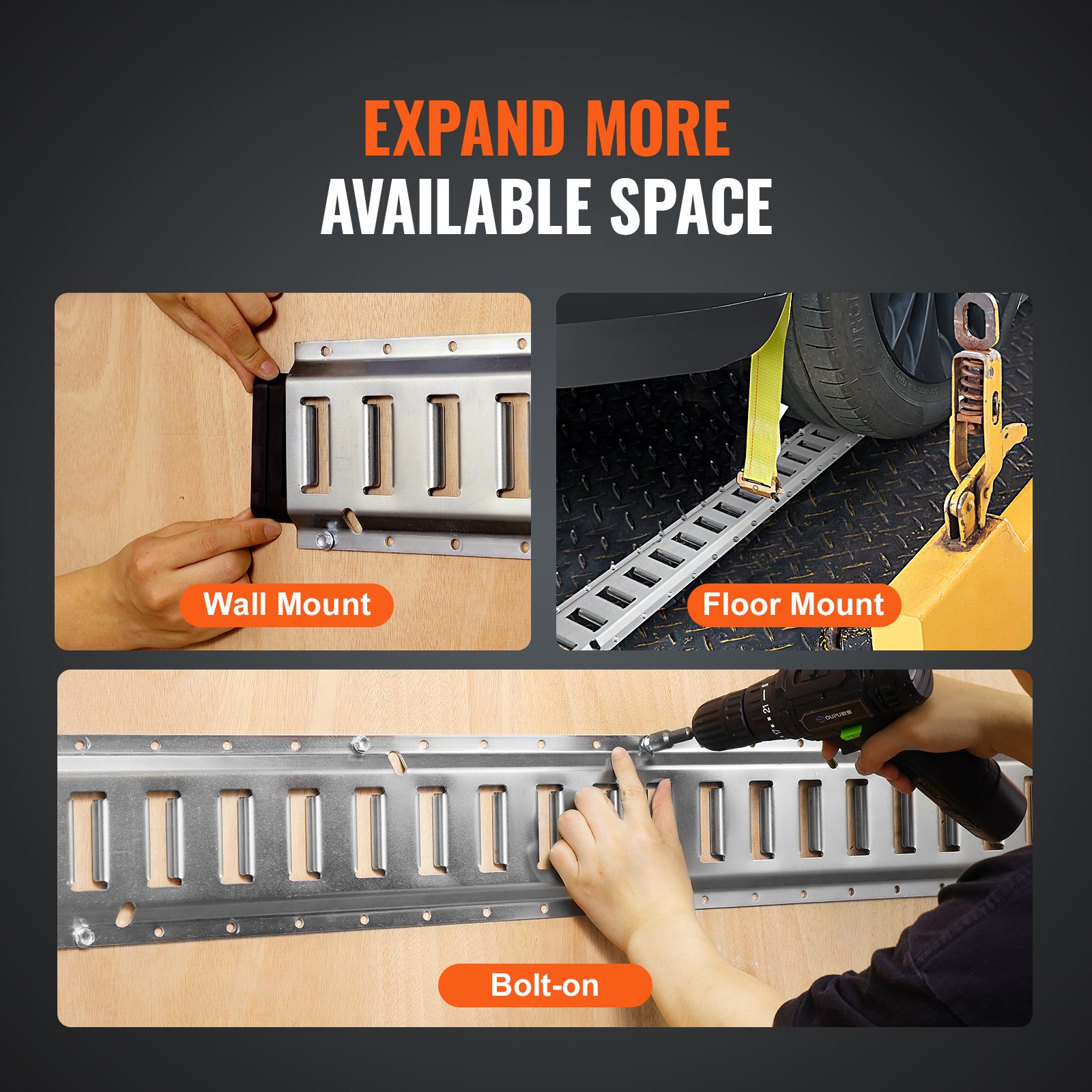 Zestaw szyn E-Track VEVOR, 24 elementy, 1524 mm, zestaw szyn E-Track, w tym 8 stalowych szyn, 8 kotew O-ring i 8 pasów mocujących z pierścieniem D, akcesoria zabezpieczające do motocykli i rowerów, nośność 907 kg