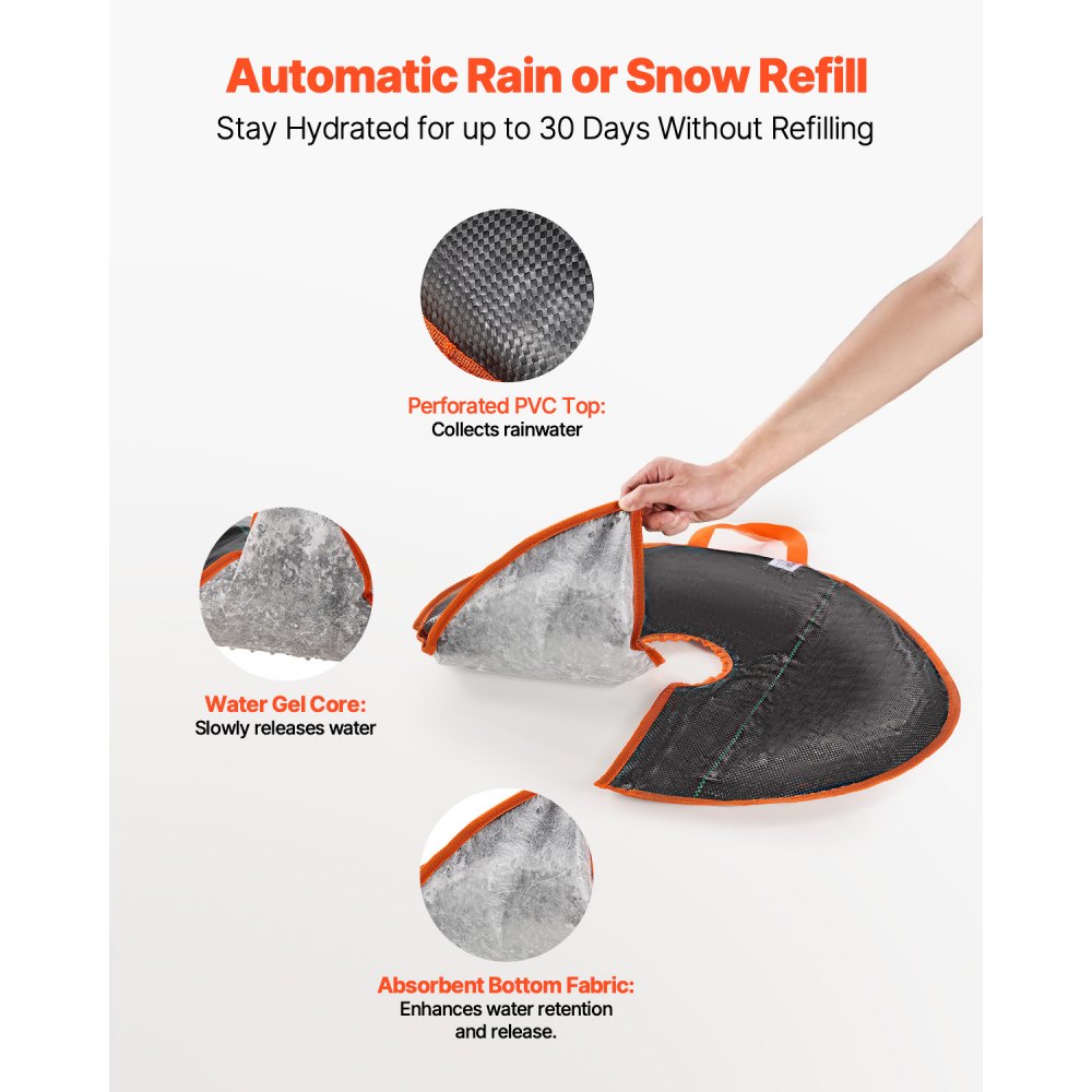 Pierścienie do podlewania drzew VEVOR, zestaw 4 worków o pojemności 37,8 l, worki do podlewania drzew o powolnym uwalnianiu wody, do 30 dni, automatyczny system nawadniania kropelkowego do sadzenia drzew i krzewów ogrodowych
