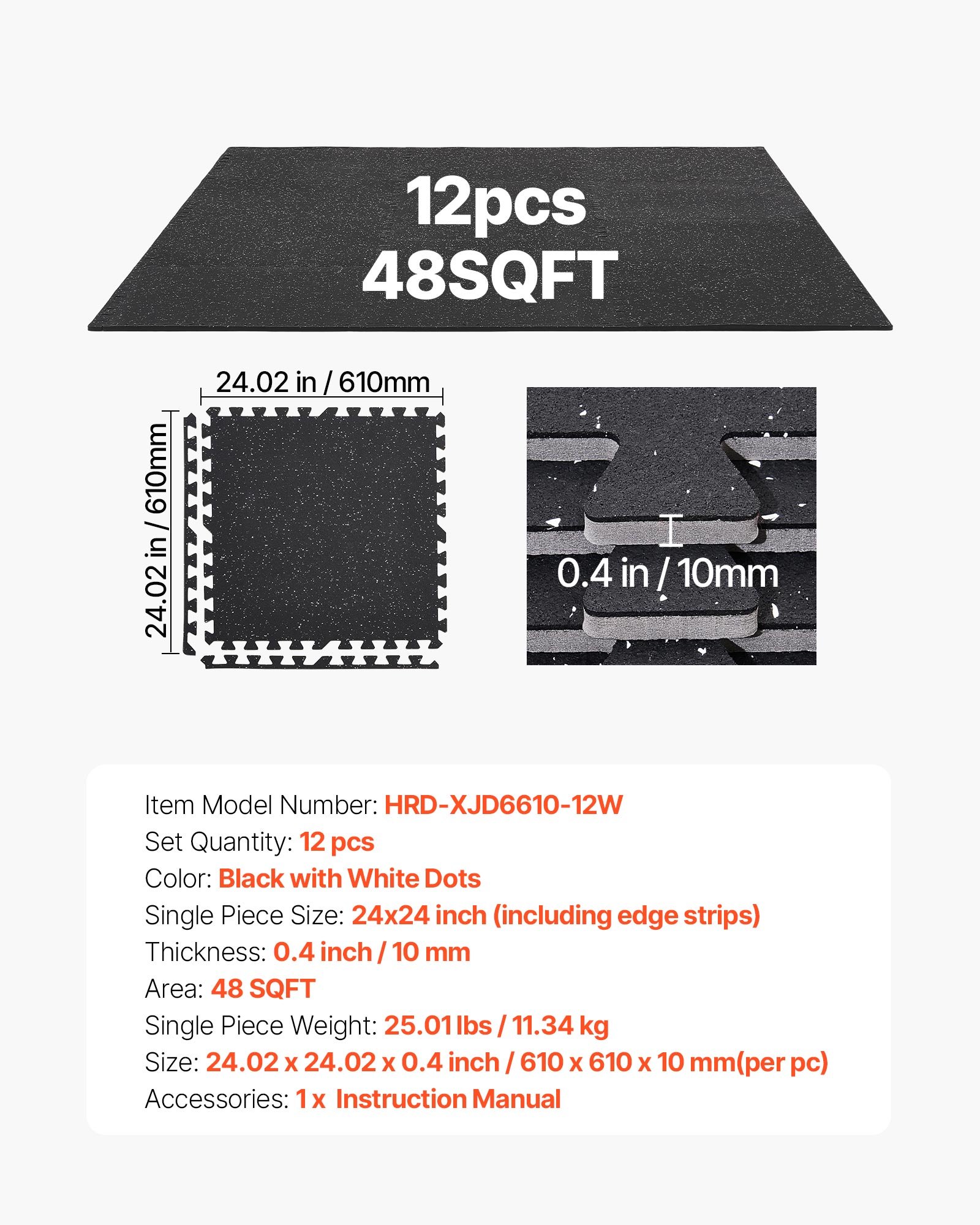 VEVOR 12 x Puzzle Mat Mat ochronna na podłogę 610 x 610 x 10 mm, mata z pianki EVA o wysokiej gęstości, mata fitness z możliwością łączenia, mata gimnastyczna, mata sportowa, mata treningowa (czarna) z białymi kropkami