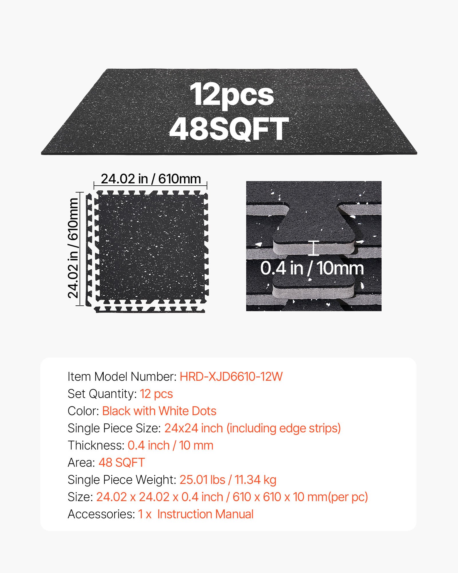 VEVOR 12 x Puzzle Mat Mat ochronna na podłogę 610 x 610 x 10 mm, mata z pianki EVA o wysokiej gęstości, mata fitness z możliwością łączenia, mata gimnastyczna, mata sportowa, mata treningowa (czarna) z białymi kropkami