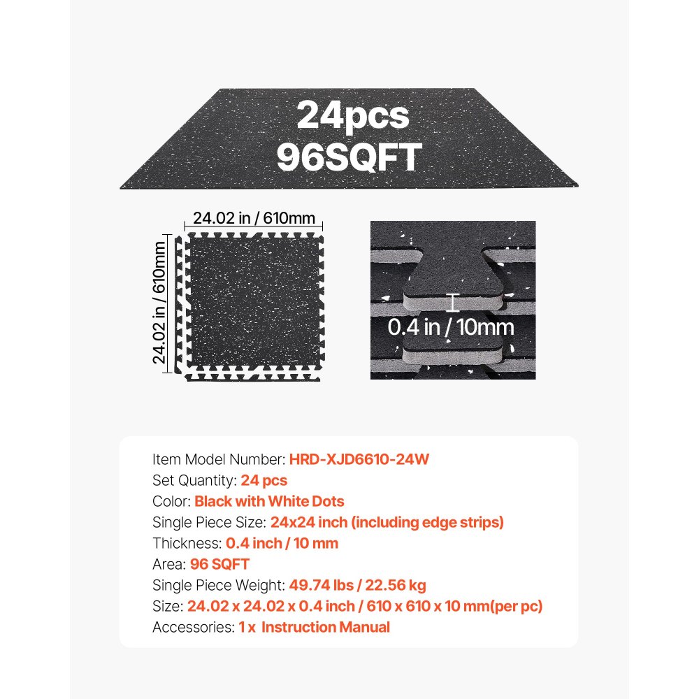 VEVOR 24 x Puzzle Mat Mata ochronna na podłogę 610 x 610 x 10 mm, mata z pianki EVA o wysokiej gęstości, mata fitness z możliwością łączenia, mata gimnastyczna, mata sportowa, mata treningowa (czarna) z białymi kropkami