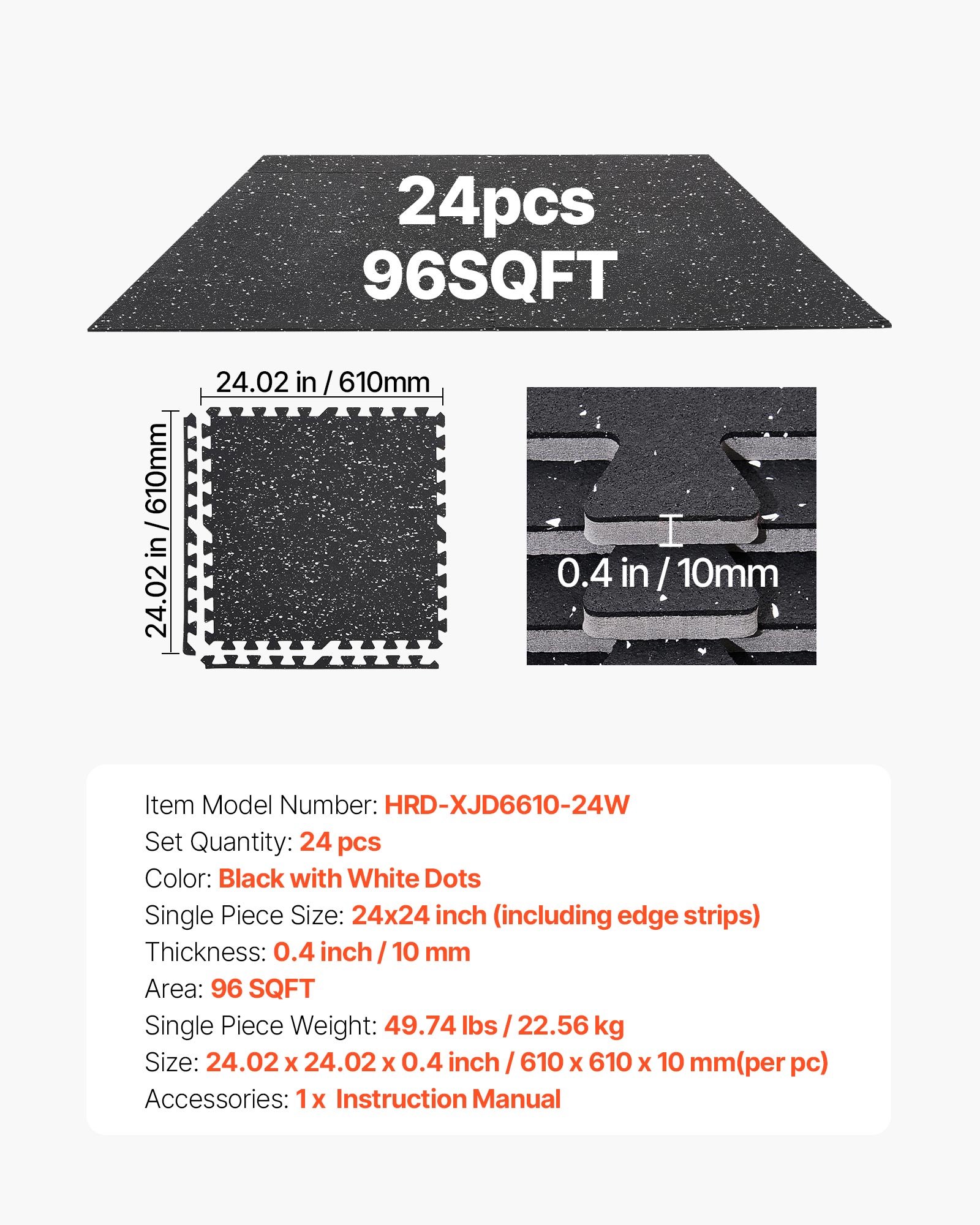 VEVOR 24 x Puzzle Mat Mata ochronna na podłogę 610 x 610 x 10 mm, mata z pianki EVA o wysokiej gęstości, mata fitness z możliwością łączenia, mata gimnastyczna, mata sportowa, mata treningowa (czarna) z białymi kropkami