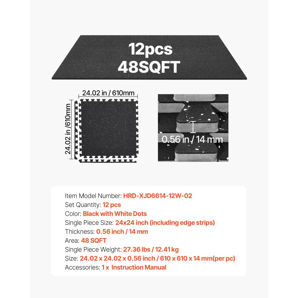 VEVOR 12 x Puzzle Mat Mat ochronna na podłogę 610 x 610 x 14 mm, mata z pianki EVA o wysokiej gęstości, mata fitness z możliwością łączenia, mata gimnastyczna, mata sportowa, mata treningowa (czarna) z białymi kropkami