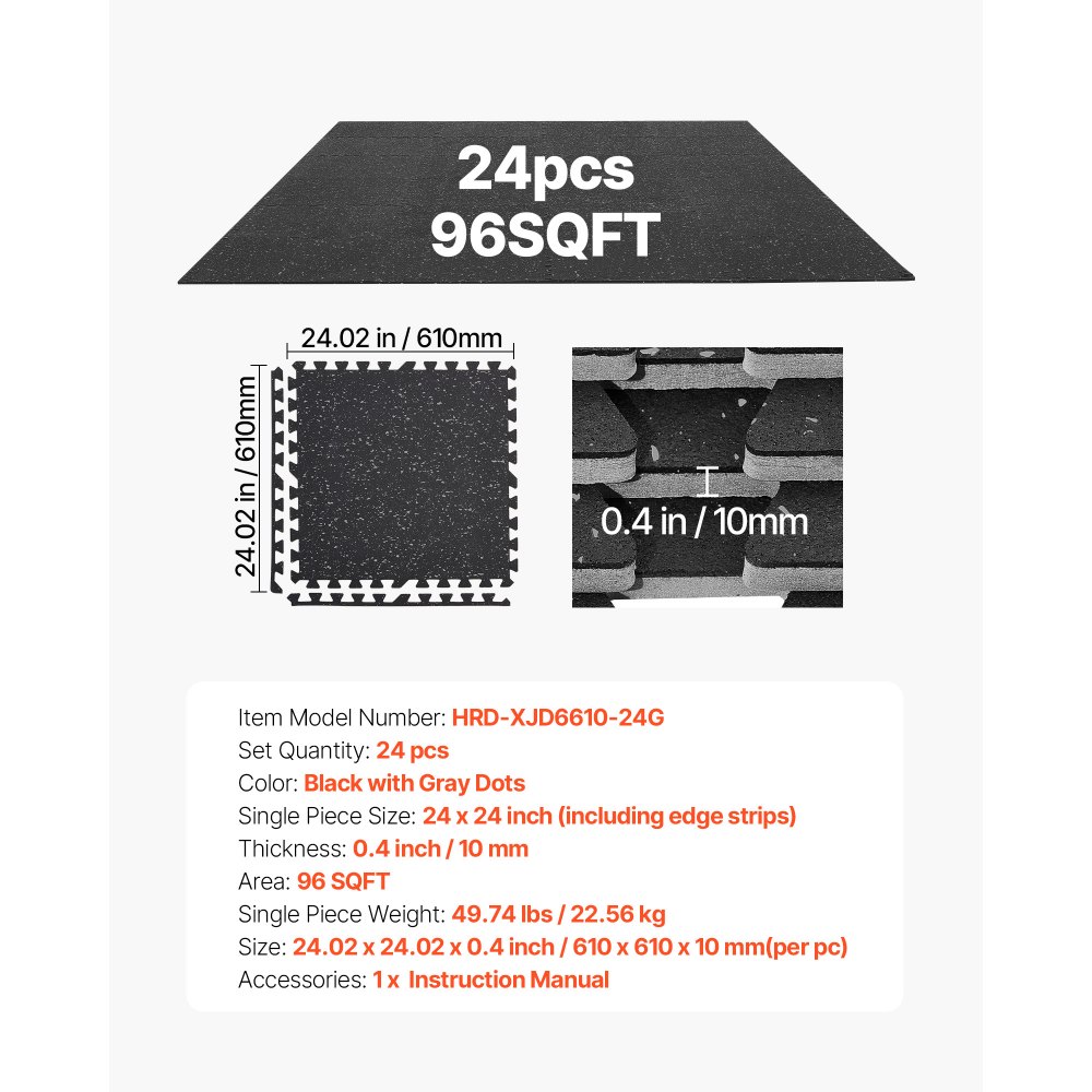 VEVOR 24 x Puzzle Mat Mata ochronna na podłogę 61 x 61 x 1 cm, mata z pianki EVA o wysokiej gęstości, mata fitness z możliwością łączenia, mata gimnastyczna, mata sportowa, mata treningowa (czarna) z szarymi kropkami