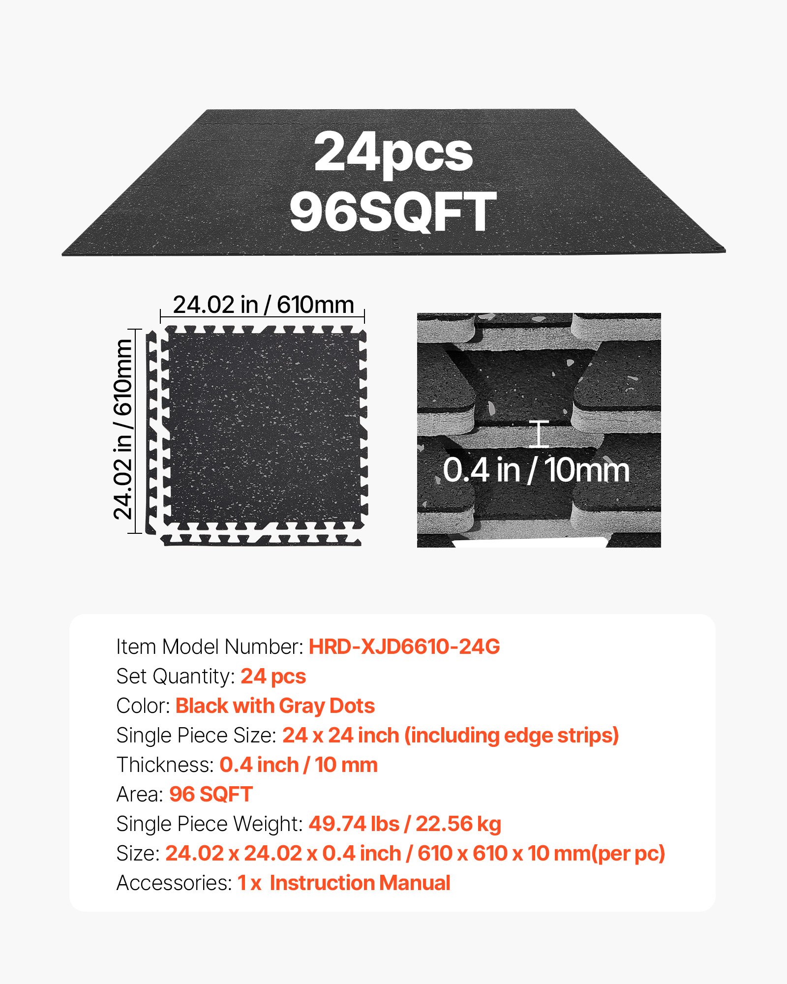 VEVOR 24 x Puzzle Mat Mata ochronna na podłogę 61 x 61 x 1 cm, mata z pianki EVA o wysokiej gęstości, mata fitness z możliwością łączenia, mata gimnastyczna, mata sportowa, mata treningowa (czarna) z szarymi kropkami