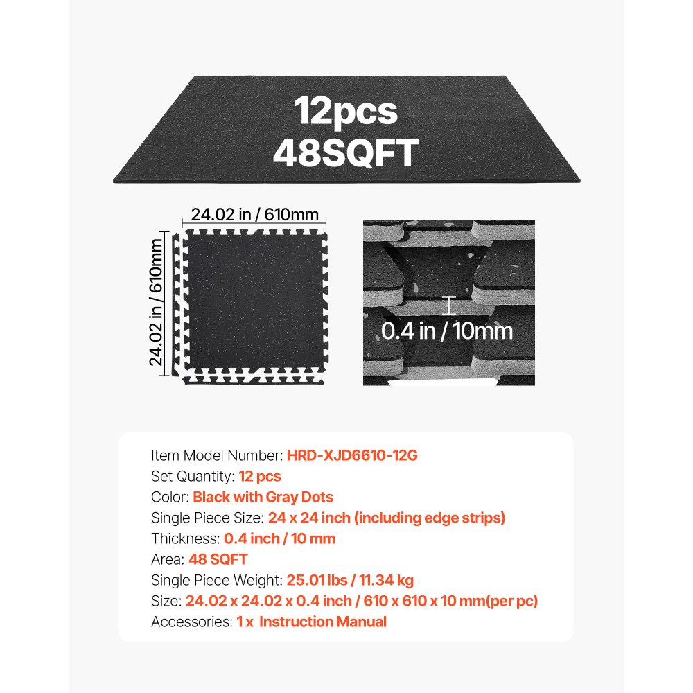 VEVOR 12 x Puzzle Mat Mat ochronna na podłogę 61 x 61 x 1 cm, mata z pianki EVA o wysokiej gęstości, mata fitness z możliwością łączenia, mata gimnastyczna, mata sportowa, mata treningowa (czarna) z szarymi kropkami