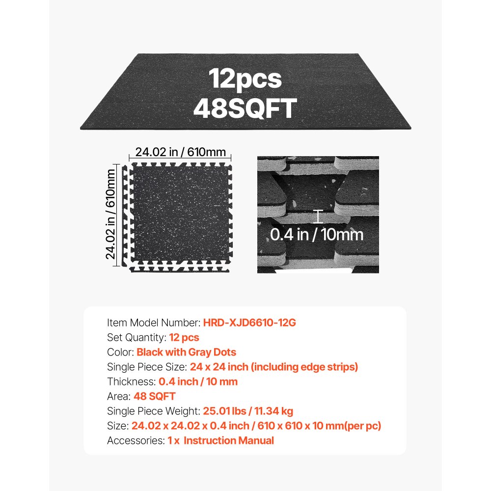 VEVOR 12 x Puzzle Mat Mat ochronna na podłogę 61 x 61 x 1 cm, mata z pianki EVA o wysokiej gęstości, mata fitness z możliwością łączenia, mata gimnastyczna, mata sportowa, mata treningowa (czarna) z szarymi kropkami