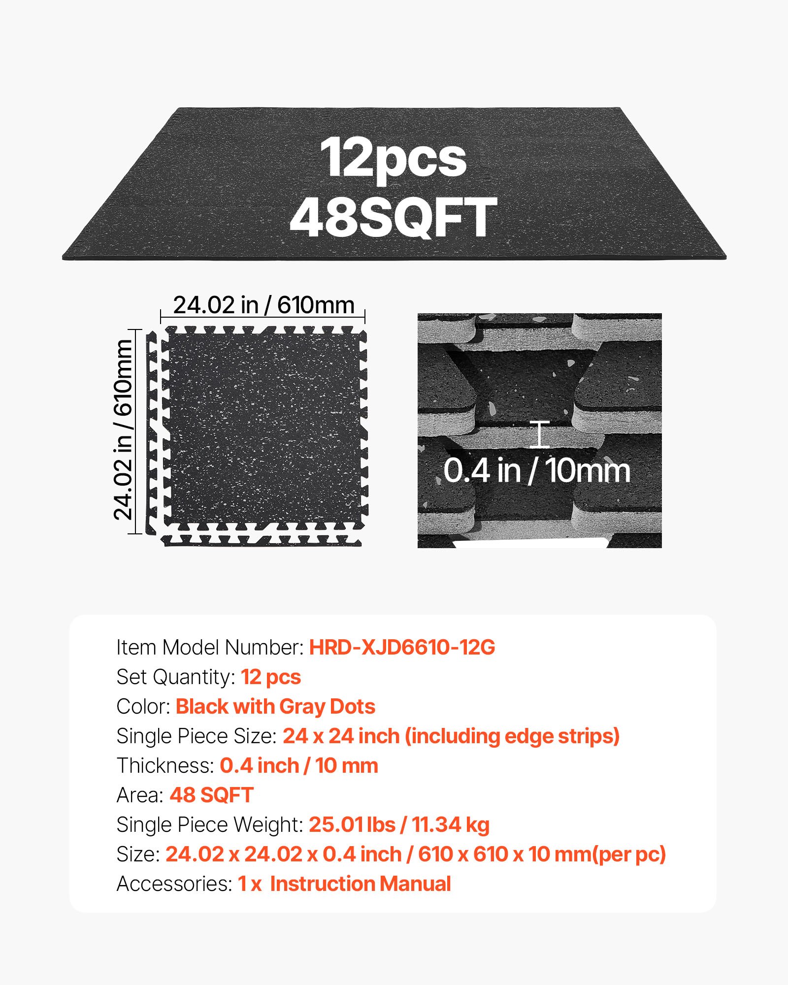 VEVOR 12 x Puzzle Mat Mat ochronna na podłogę 61 x 61 x 10 cm, mata z pianki EVA o wysokiej gęstości, mata fitness z możliwością łączenia, mata gimnastyczna, mata sportowa, mata treningowa (czarna) z szarymi kropkami