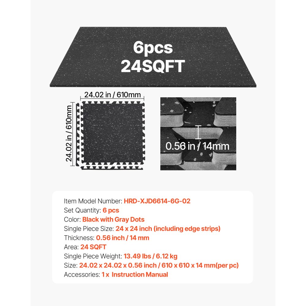 VEVOR 6 x Puzzle Mat Mat ochronna na podłogę 610 x 610 x 14 mm, mata z pianki EVA o wysokiej gęstości, mata fitness z możliwością łączenia, mata gimnastyczna, mata sportowa, mata treningowa (czarna) z szarymi kropkami