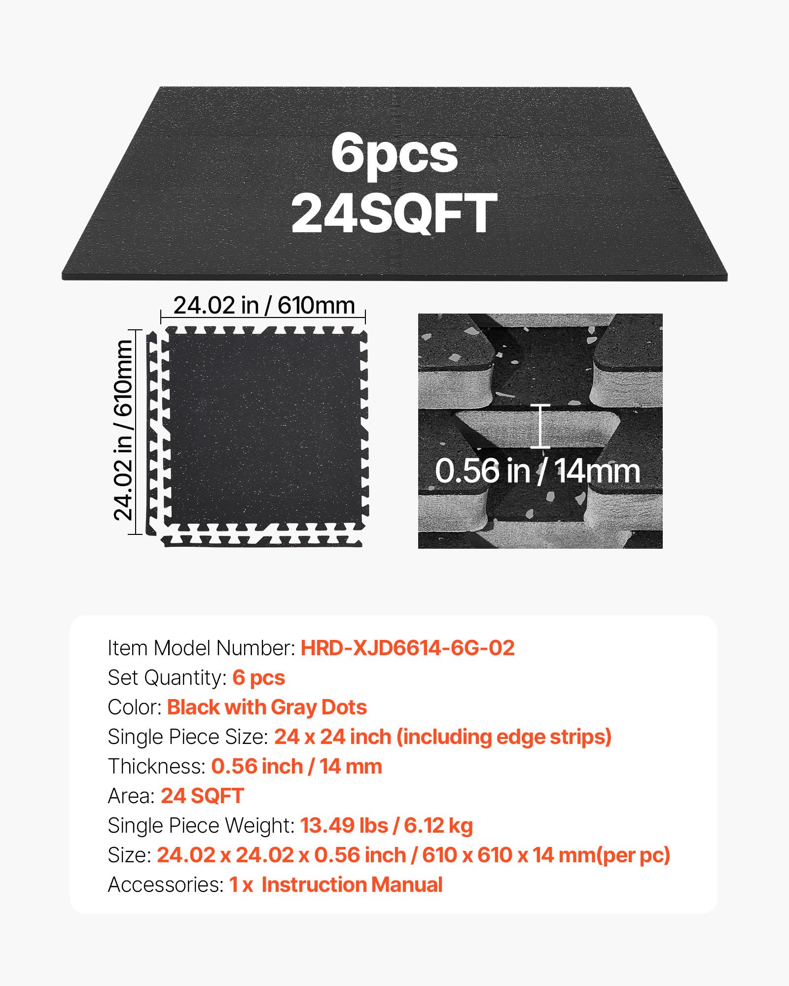 VEVOR 6 x Puzzle Mat Mat ochronna na podłogę 610 x 610 x 14 mm, mata z pianki EVA o wysokiej gęstości, mata fitness z możliwością łączenia, mata gimnastyczna, mata sportowa, mata treningowa (czarna) z szarymi kropkami