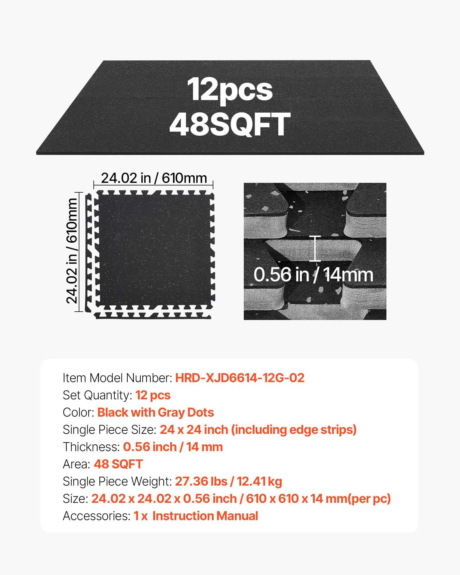 VEVOR 12 x Puzzle Mat Mat ochronna na podłogę 610 x 610 x 14 mm, mata z pianki EVA o wysokiej gęstości, mata fitness z blokadą, mata gimnastyczna, mata sportowa, mata treningowa (czarna) z szarymi kropkami