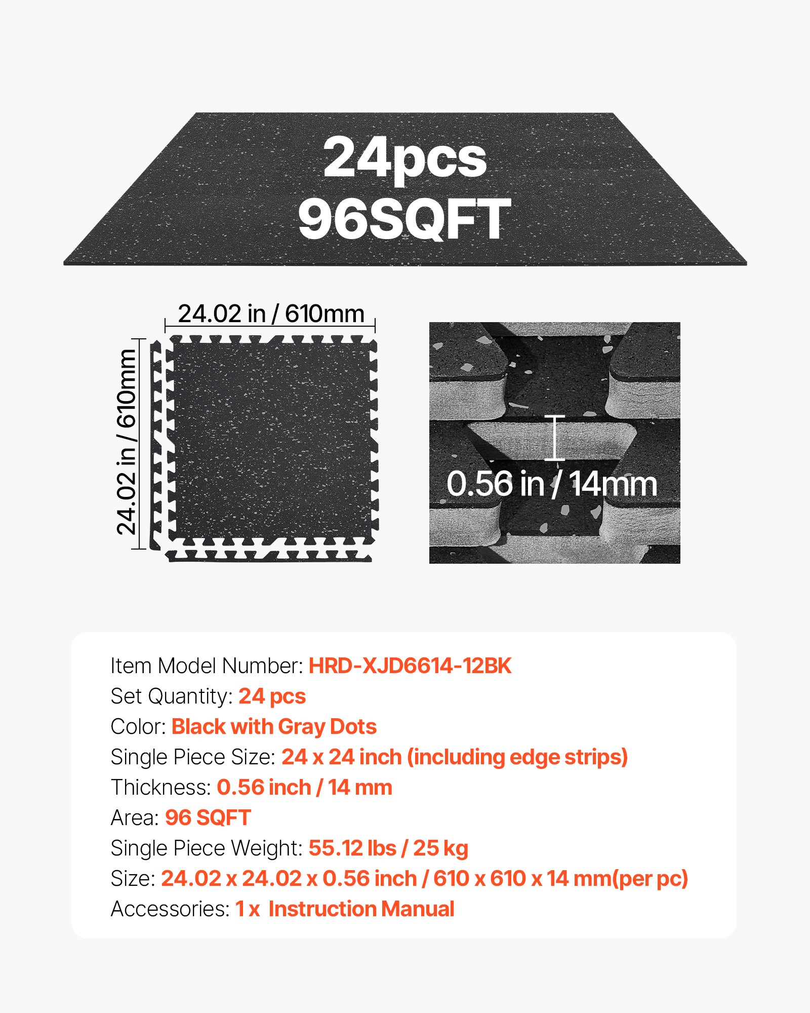 VEVOR 24 x Puzzle Mat Mat ochronna na podłogę 610 x 610 x 14 mm, mata z pianki EVA o wysokiej gęstości, mata fitness z możliwością łączenia, mata gimnastyczna, mata sportowa, mata treningowa (czarna) z szarymi kropkami